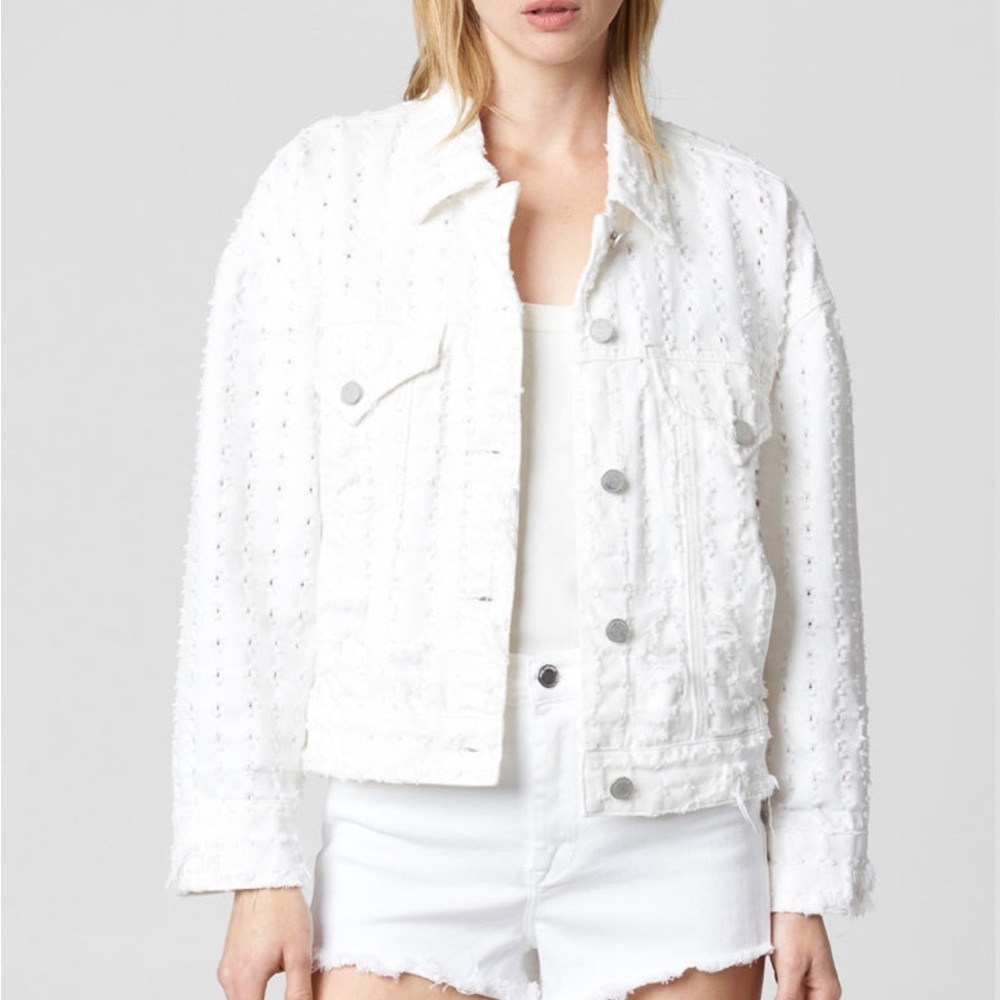 Blank NYC Eyes On You white jean Jacket denim trucker style distressed